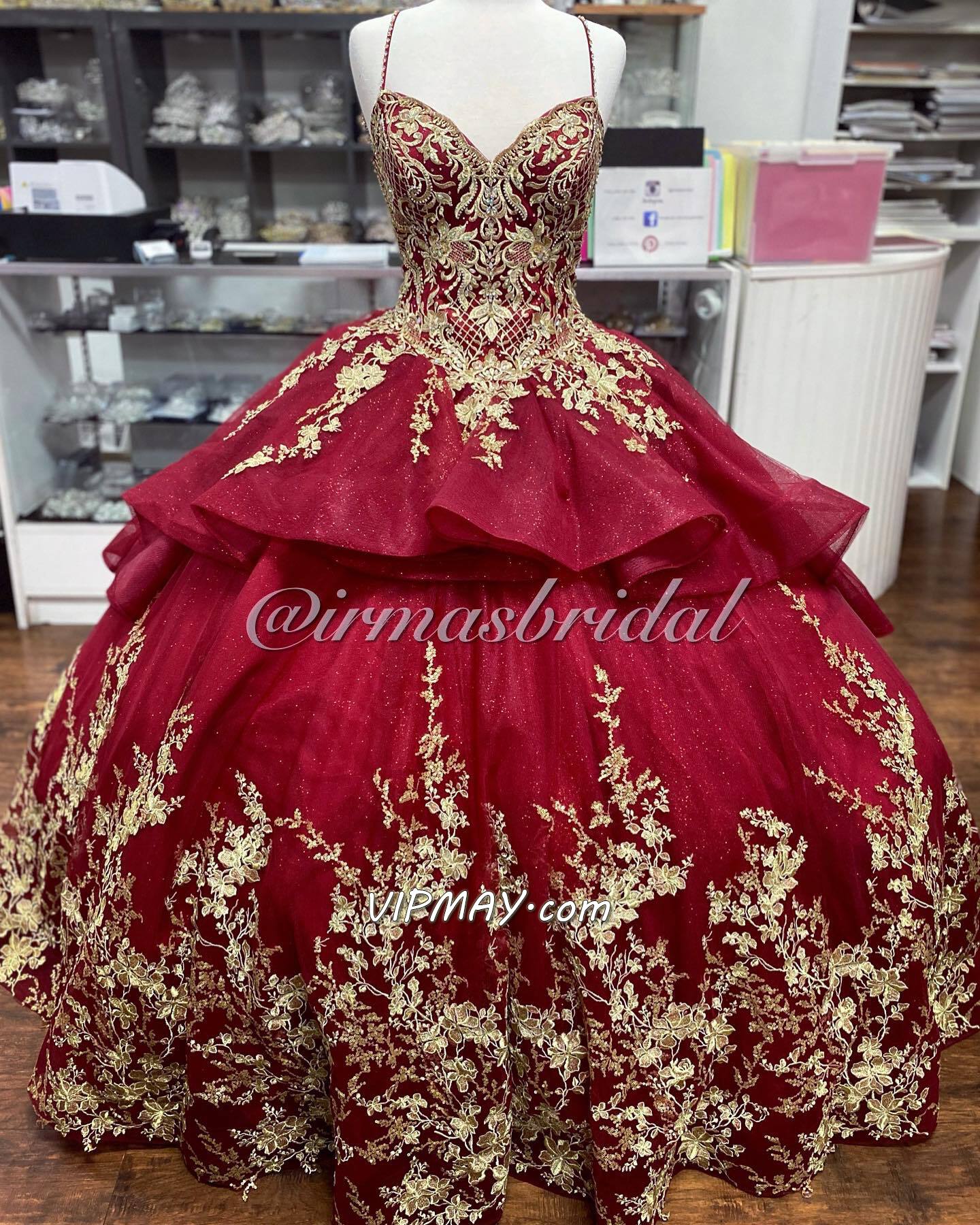 Beautiful Mexican Wine Red Quinceanera Dress with Gold Embroidery