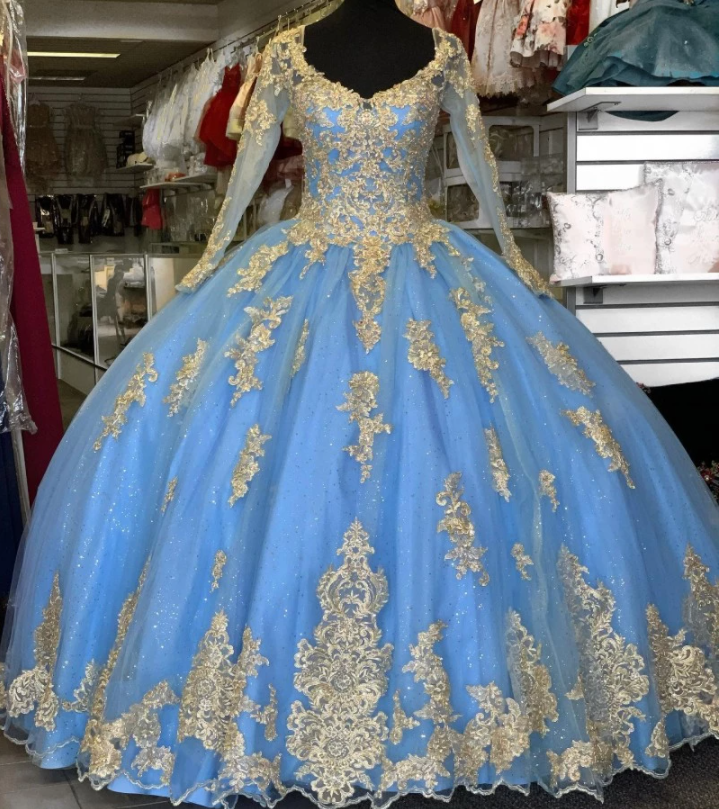 sky blue quinceanera dress,quinceanera dress long sleeves,blue and gold quinceanera dress,