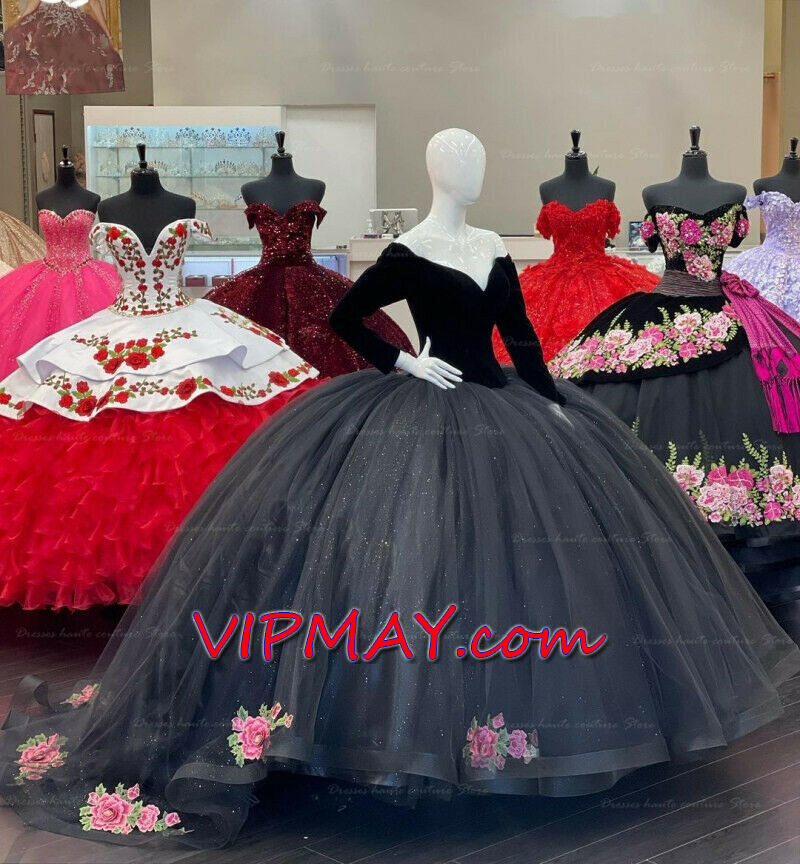 long sleeves quinceanera dress,black quincenanera dress,black charro quinceanera dress,velvet quinceanera dress,embroidery quinceanera dress,dress with flower appliques,v neckline quinceanera dress with sleeves,custom design quinceanera dress,