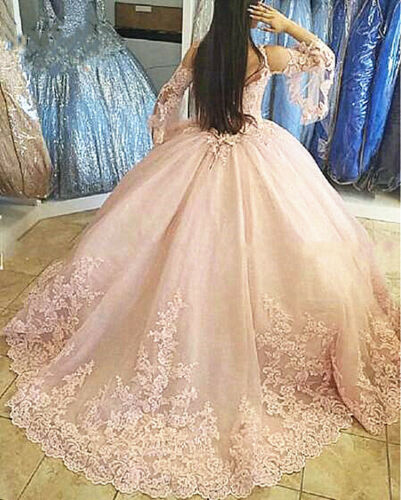 light pink quinceanera dress with sleeves,light pink sweet 15 dress,vintage lace dress for quinceanera,sexy princess lace quinceanera dress,long sleeve lace quinceanera dress,long sleeves illusion quinceanera dress,quinceanera dress with short train,cheap quinceanera gown under 200 dollars,