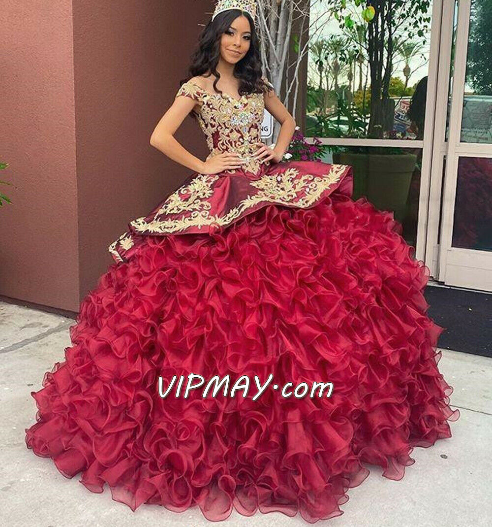 burgundy and gold quinceanera dress,burgundy quinceanera dress,red quinceanera with gold embroidery,off the shoulder sweet 16 dress,sweet sixteen dress with ruffles,ruffled skirt sweet 16 dress,ruffled organza quinceanera dress,quinceanera designers for dress,