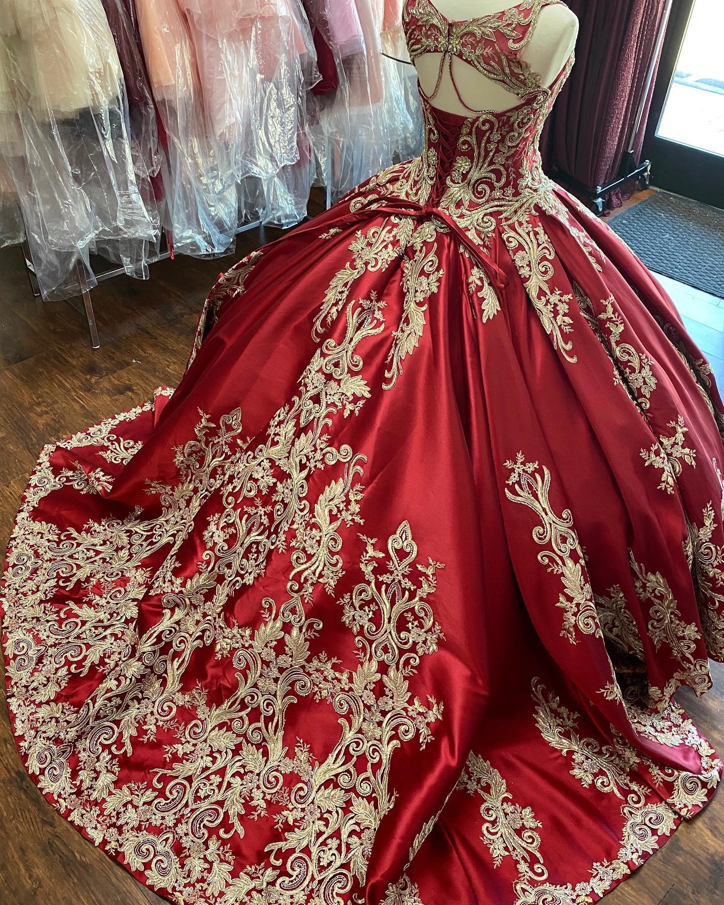 red and gold quinceanera dress,satin quinceanera dress,embroidery quinceanera dress,red quinceanera with gold embroidery,quince dress with straps,designer quinceanera dress,quinceanera dress wholesale suppliers,custom make your quinceanera dress,