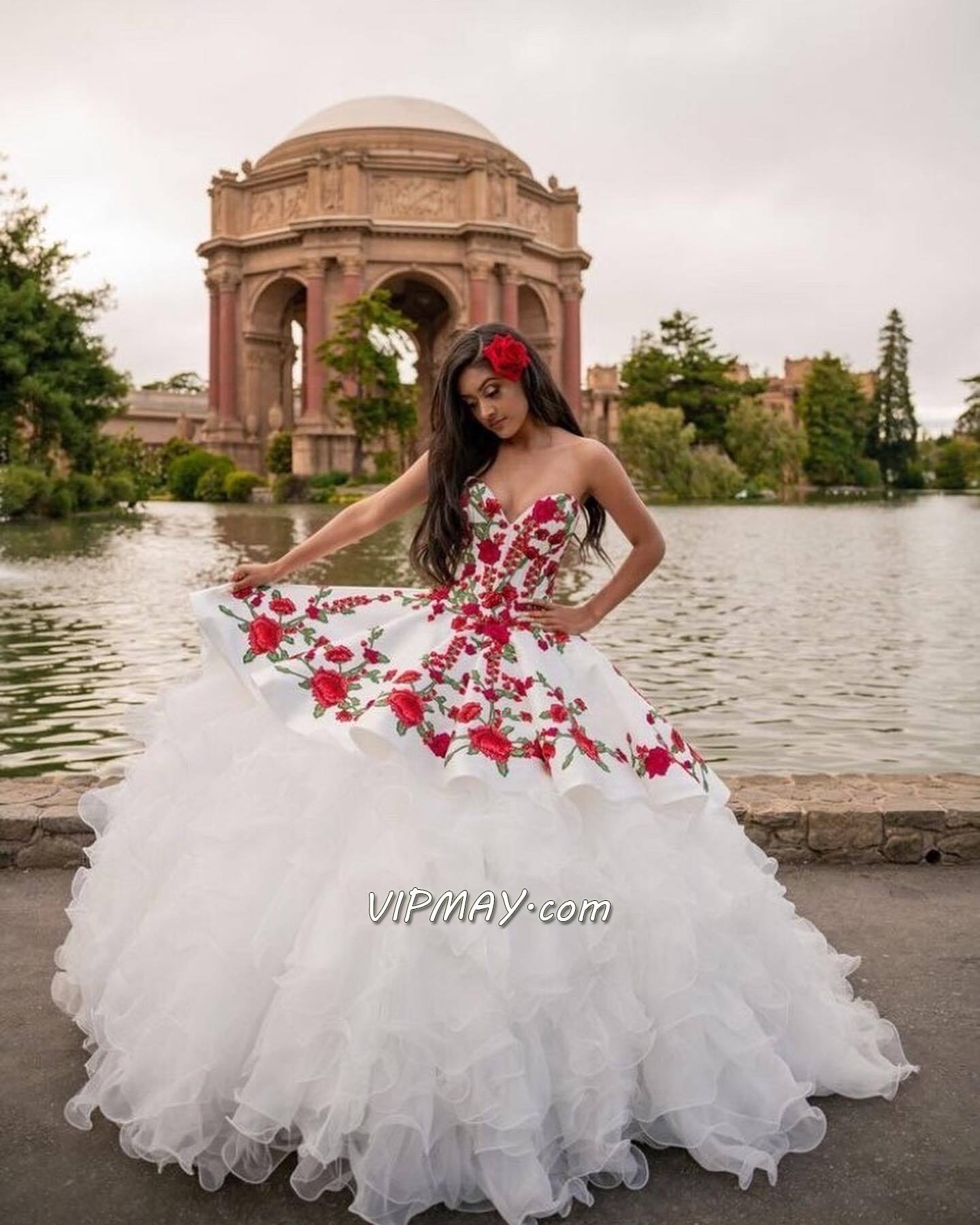 sweetheart sweet sixteen dress,strapless sweetheart quinceanera dress,red and white quinceanera dress,sweet sixteen dress with ruffles,floral embroidered quinceanera dress,quinceanera designers for dress,sweet 16 dress with embroidery,custom design quinceanera dress,