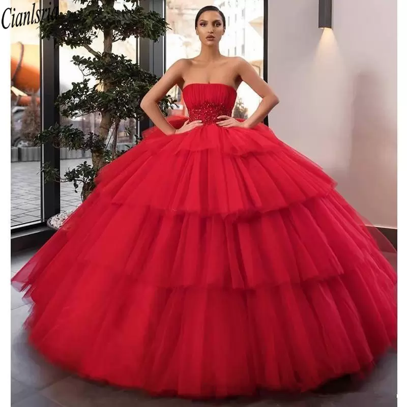 Custom Made Red Tiered Skirt Puffy Quinceanera Dress Strapless Beaded Appliques Girl Sweet 16 Dress