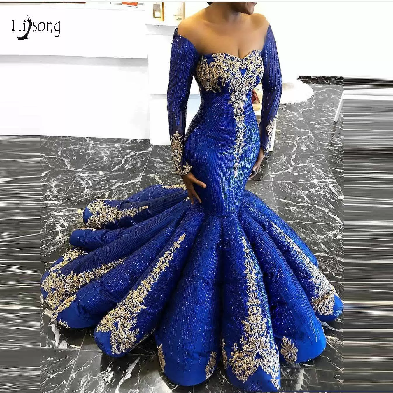 Elegant Royal Blue Sequins Mermaid Long Sleeves Prom Dress with Gold Appliques