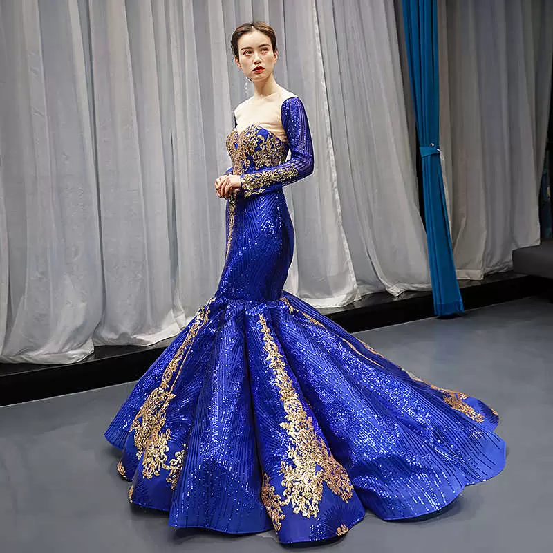 Elegant Royal Blue Sequins Mermaid Long Sleeves Prom Dress with Gold Appliques