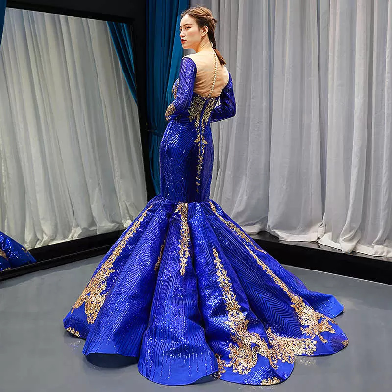 Elegant Royal Blue Sequins Mermaid Long Sleeves Prom Dress with Gold Appliques