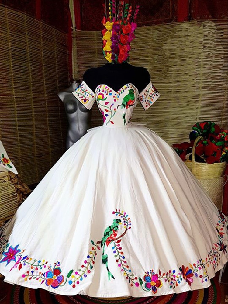 Mexican Quinceanera Prom Dresses Embroidery Flowers Sweet 16 Dress Vestidos 15 Anos