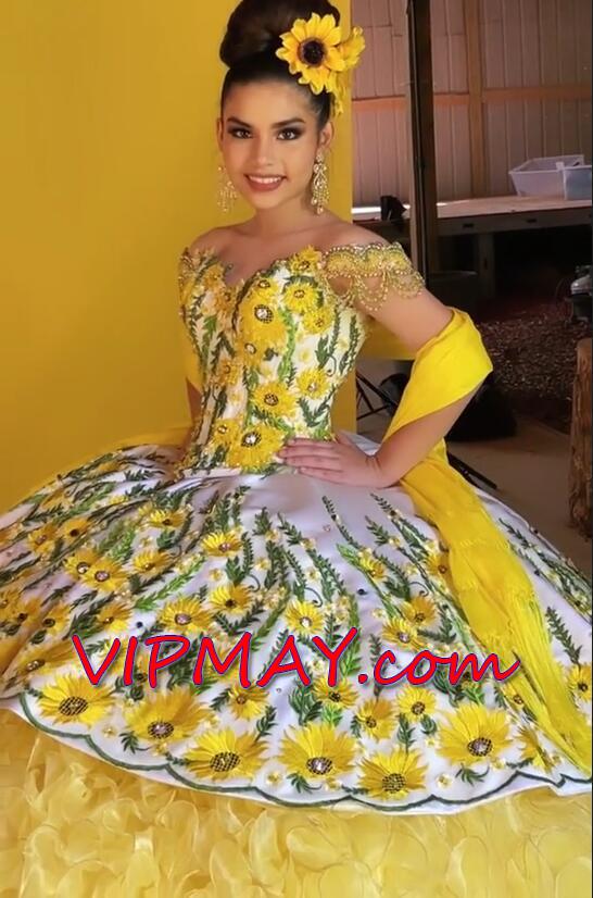 off shoulder quinceanera dress,mexican big poofy quinceanera dress,custom made quinceanera dress,wholesale quinceanera dress from china,ruffled charro quinceanera dress,quinceanera dress with ruffles and straps,sunflower quinceanera dress,yellow quinceanera dress,