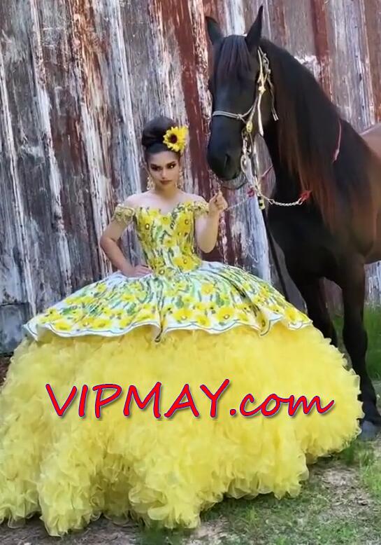 off shoulder quinceanera dress,mexican big poofy quinceanera dress,custom made quinceanera dress,wholesale quinceanera dress from china,ruffled charro quinceanera dress,quinceanera dress with ruffles and straps,sunflower quinceanera dress,yellow quinceanera dress,