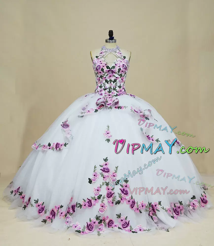 quinceanera designers for dress,designer quinceanera dress,white and purple quinceanera dress,white quinceanera dress with purple embroidery,white quinceanera dress,floral embroidered quinceanera dress,colorful quinceanera dress,see through halter top quinceanera dress,halter top quinceanera dress,lace back up quinceanera dress,customize your own quinceanera dress,custom made quinceanera dress,