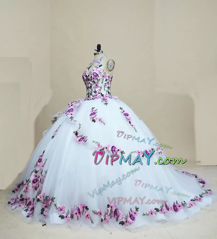 quinceanera designers for dress,designer quinceanera dress,white and purple quinceanera dress,white quinceanera dress with purple embroidery,white quinceanera dress,floral embroidered quinceanera dress,colorful quinceanera dress,see through halter top quinceanera dress,halter top quinceanera dress,lace back up quinceanera dress,customize your own quinceanera dress,custom made quinceanera dress,