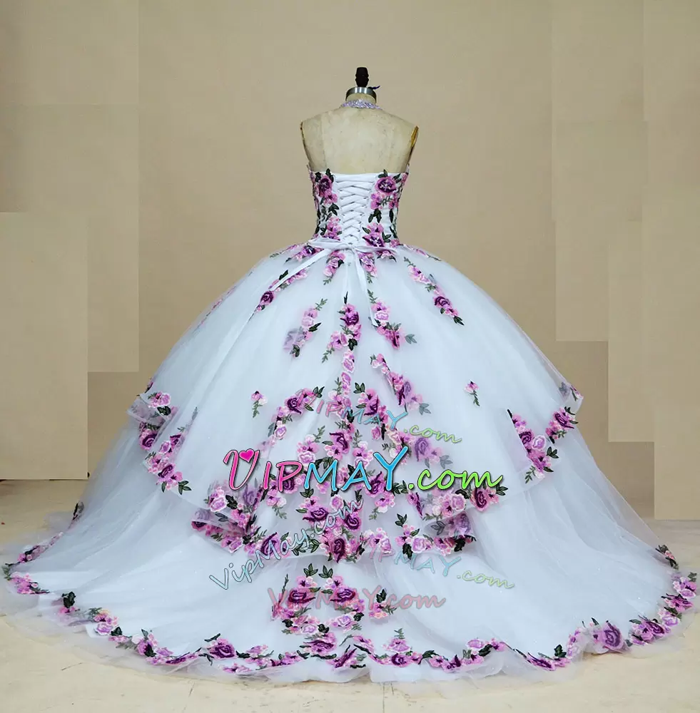 quinceanera designers for dress,designer quinceanera dress,white and purple quinceanera dress,white quinceanera dress with purple embroidery,white quinceanera dress,floral embroidered quinceanera dress,colorful quinceanera dress,see through halter top quinceanera dress,halter top quinceanera dress,lace back up quinceanera dress,customize your own quinceanera dress,custom made quinceanera dress,