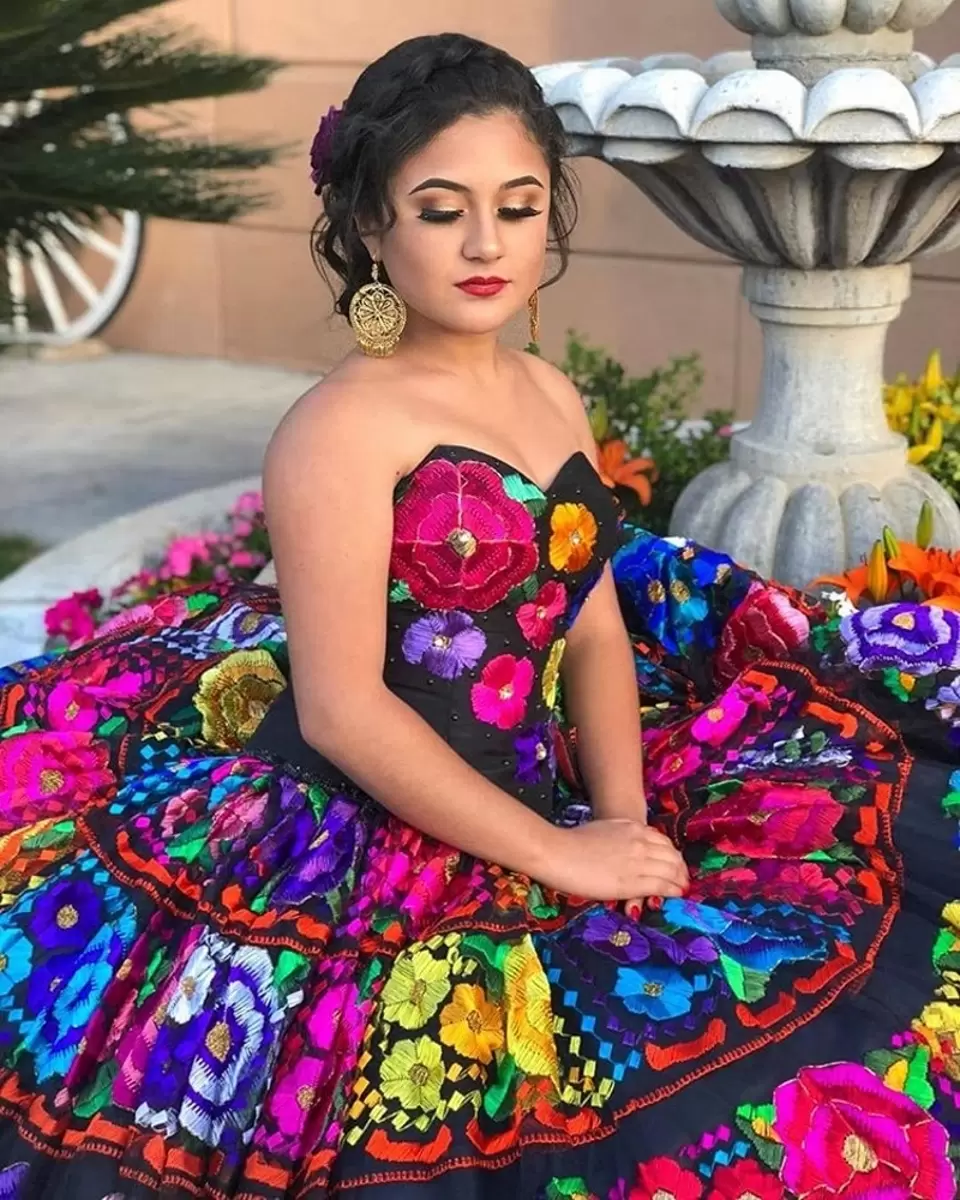 Colorful Embroidery Mexican Chiapas Traditional Quinceanera Dress Charro  Vestido De Quinceanera