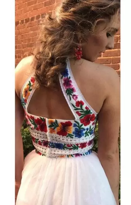 all white two piece prom dress,two piece long prom dress,two pieces prom dress,2 piece halter top prom dress,halter neck long prom dress,halter open back prom dress,flower embroidered prom dress,net embroidery prom dress,open back prom dress tumblr,long open back prom dress,sexy open back prom dress,