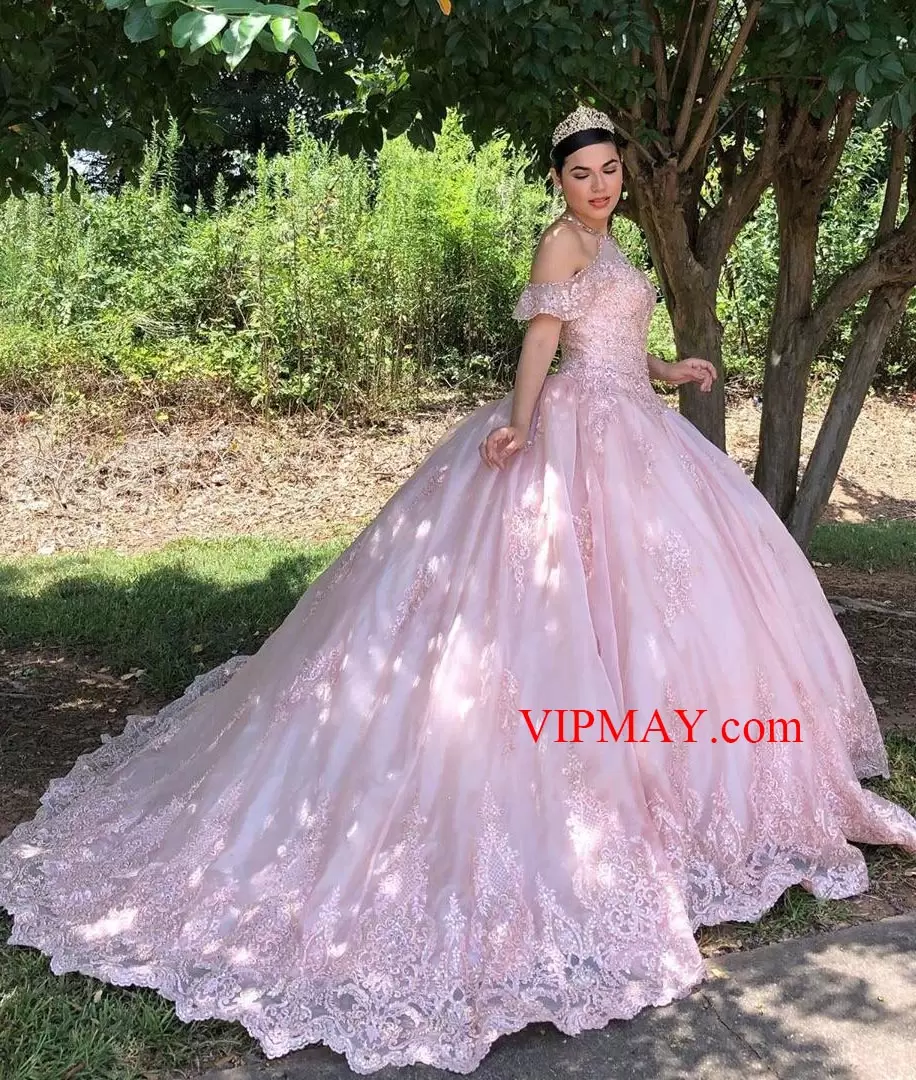 Custom Beautiful Pink Lace Appliqued Quinceanera Dress Halter Neck Beaded Sweep Train Tulle Sweet 15 Dress