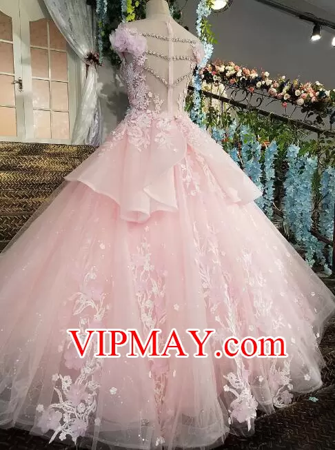 light pink quinceanera dress with flowers,baby pink quinceanera dress,light pink quinceanera dress,see through back quinceanera dress,see through bodice quinceanera dress,cap sleeves quinceanera dress,quinceanera dress with 3d flowers,tulle skirt quinceanera dress,quinceanera dress with a train,sheer neckline quinceanera dress,quinceanera dress with applique,