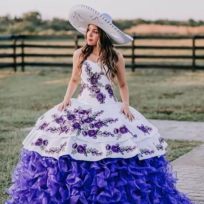 Beautiful Mexican Charro Purple Quinceanera Dress Ruffles Floral Embroidery Charra for Toddlers