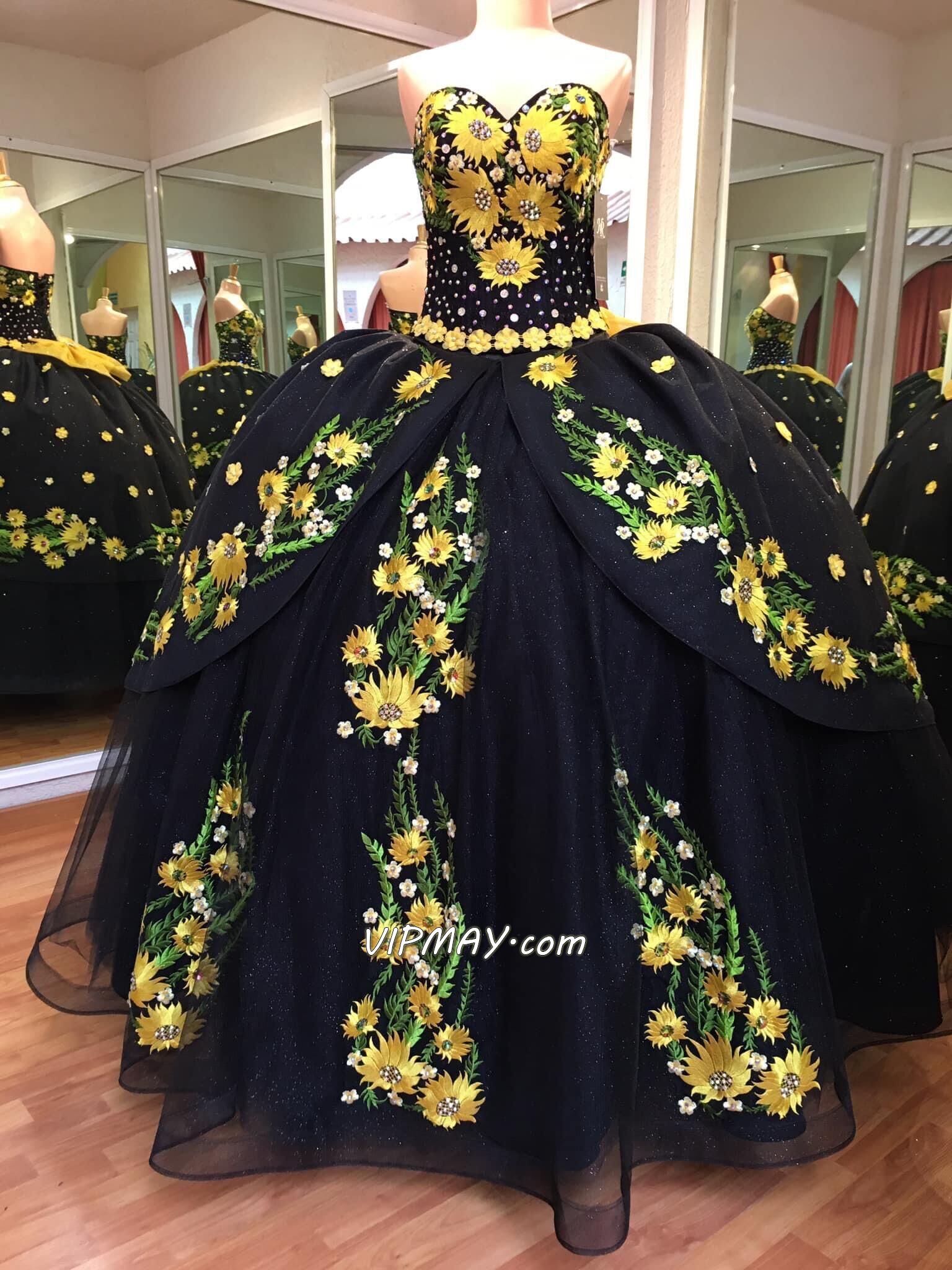 3d floral applique quinceanera dress,black and gold quinceanera dress,black and yellow quinceanera dress,mexican inspired quinceanera dress,mexican made quinceanera dress,sunflower quinceanera dress,