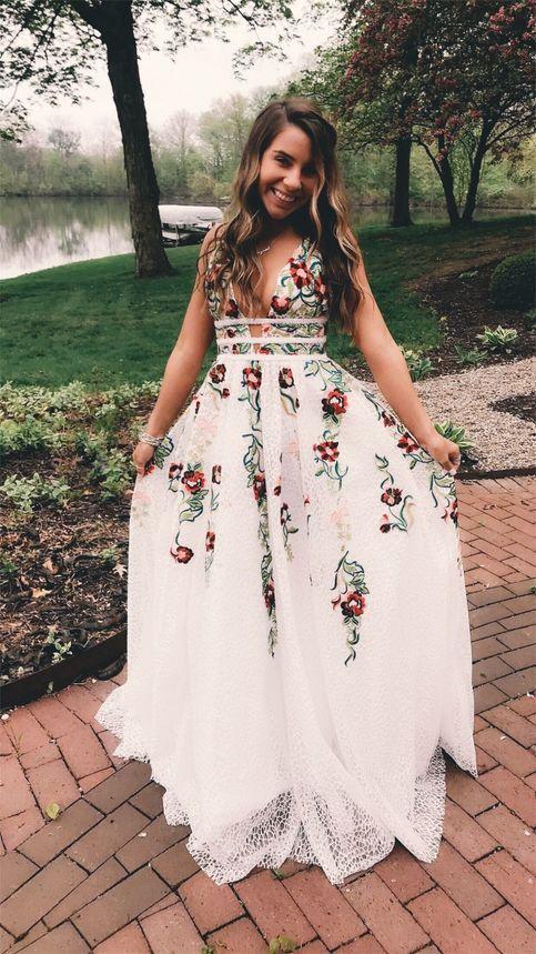 cheap white lace prom dress,white prom dress with lace,sexy prom dress,floral special occasion prom dress,floral applique prom dress,backless prom open back dress,criss cross back prom dress,prom dress with deep v neck,cut out backs prom dress,long prom dress with straps,cheap long lace prom dress,sexy lace party dress,embroidery sweet 16 dress,