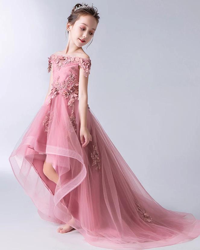 pink pageant dress,rose pink pageant dress for kids,off the shoulder pageant dress for girls,high low pageant dress for little girls,high low pagant dress for kids,little girl pageant dress with train,