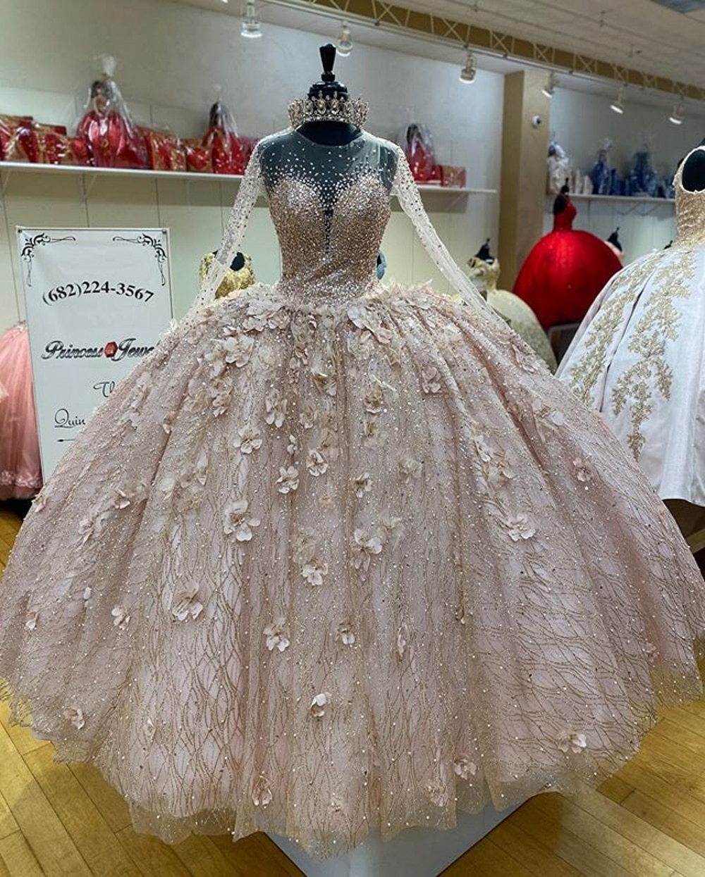 long sleeves illusion quinceanera dress,quinceanera dress with long sleeves,where can i find sparkly quinceanera dress,sheer neckline quinceanera dress,2021 quinceanera dress,quinceanera dress with 3d flowers,deep v neckline quinceanera dress,champagne colored quinceanera dress,pretty quinceanera dress long sleeve,