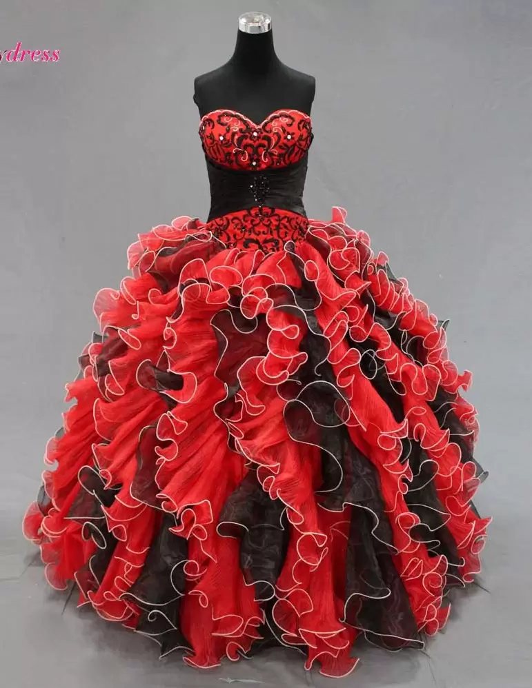 black and red quinceanera dress,ruffled organza quinceanera dress,embroidery quinceanera dress,cheap quinceanera dress under 200,
