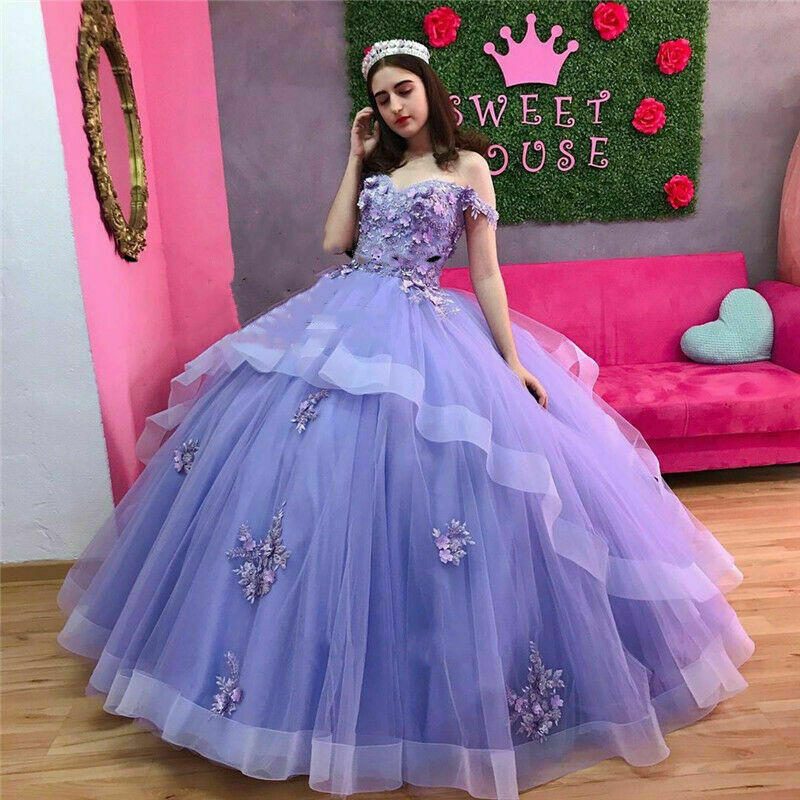 simple lilac quinceanera dress,lilac quinceanera dress,off shoulder quinceanera dress,ruffled layers quinceanera dress,quinceanera dress with applique,light purple quinceanera dress,