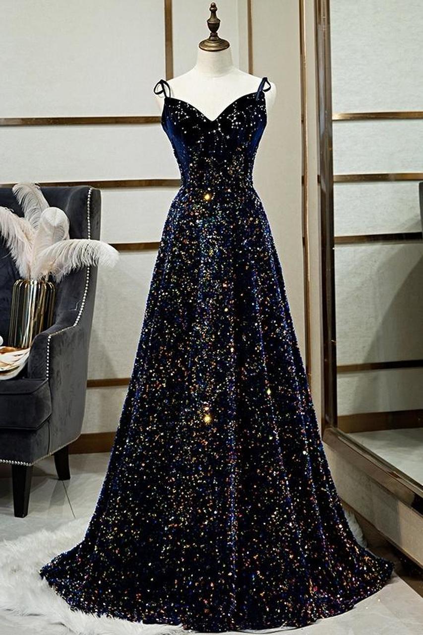 sparkly evening dress,sparkly long evening dress,spaghetti strap evening dress,dark blue evening dress,navy blue evening gowns dress,cheap sequin evening gown,cheap sequin evening dress,bling bling evening dress,