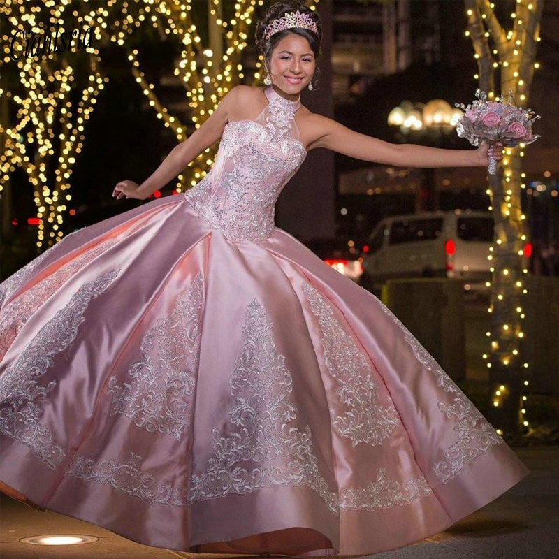 quinceanera dress with applique,pink and silver quinceanera dress,quinceanera dress princess theme,princess ball gown quinceanera dress,satin quinceanera dress,pink ball gown quinceanera dress,quinceanera dress with halter neckline,2021 quinceanera dress,quinceanera dress lace puffy elegant,