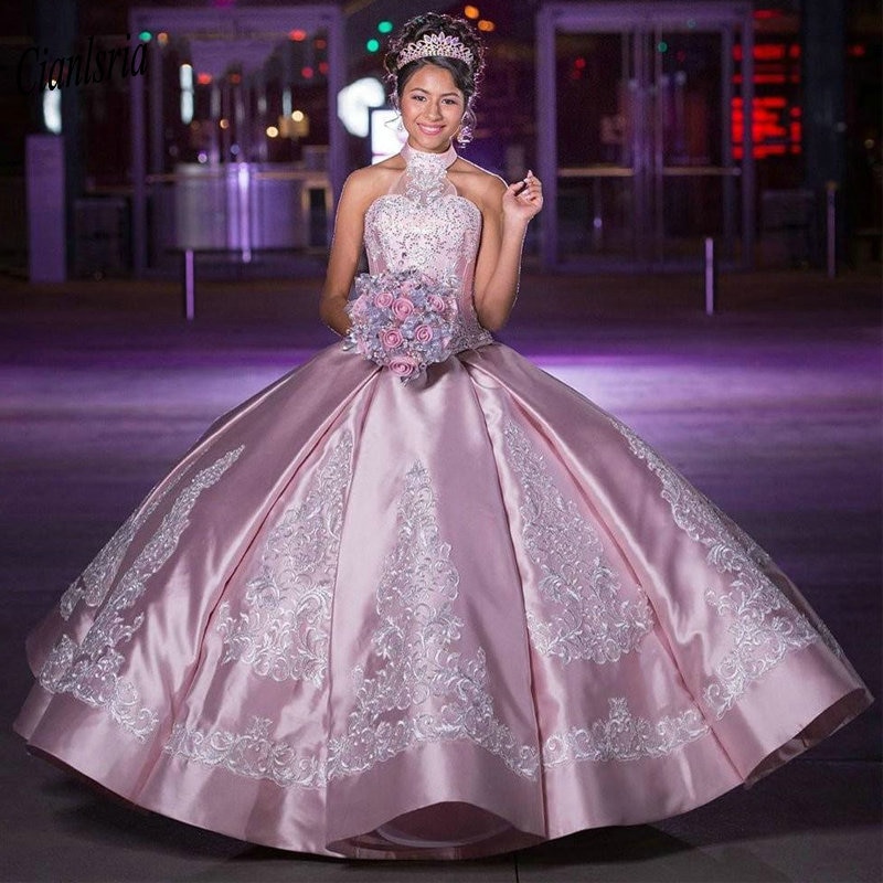 quinceanera dress with applique,pink and silver quinceanera dress,quinceanera dress princess theme,princess ball gown quinceanera dress,satin quinceanera dress,pink ball gown quinceanera dress,quinceanera dress with halter neckline,2021 quinceanera dress,quinceanera dress lace puffy elegant,