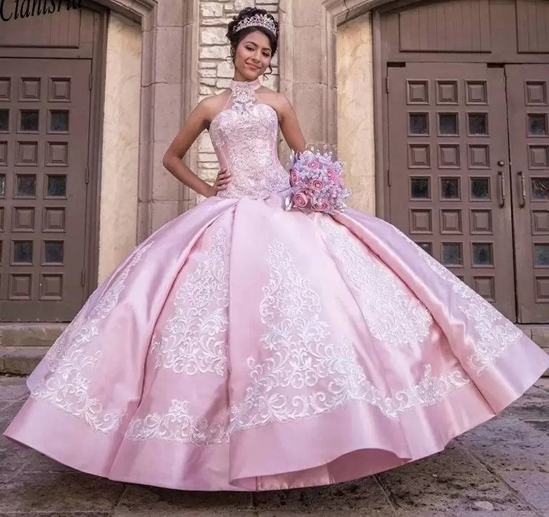 quinceanera dress with applique,pink and silver quinceanera dress,quinceanera dress princess theme,princess ball gown quinceanera dress,satin quinceanera dress,pink ball gown quinceanera dress,quinceanera dress with halter neckline,2021 quinceanera dress,quinceanera dress lace puffy elegant,