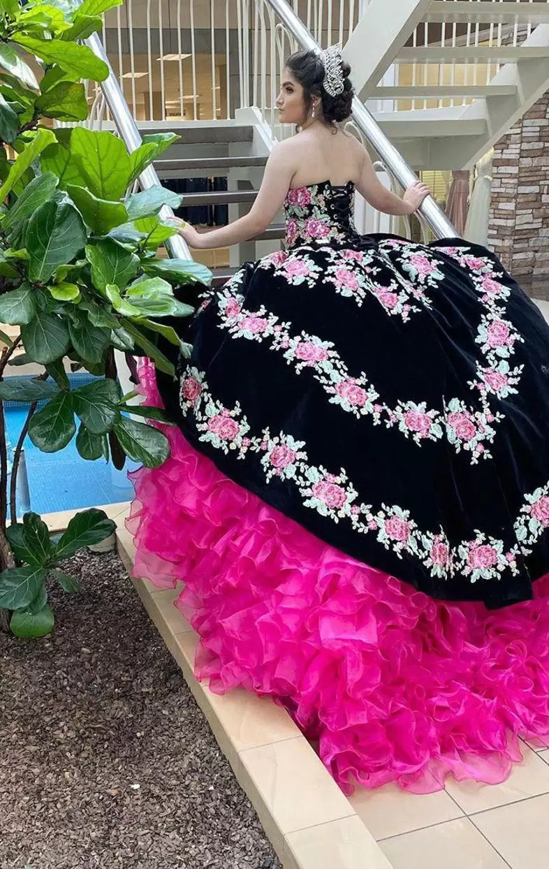 Mexican Quinceanera Dress Embroidery Hot Pink and Black Velvet Sweet 16 Dress Masquerade Extra Puffy