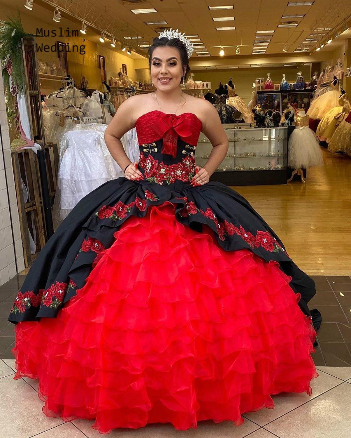 2021 Puffy Charro Quinceanera Dress Best Floral Embroidery Black And