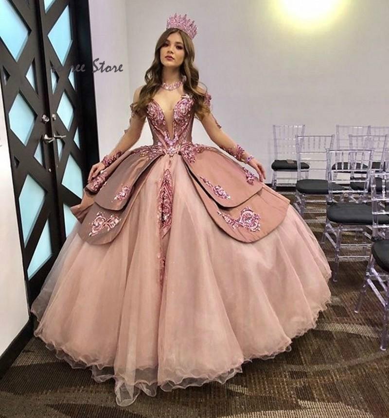 Dusty Pink Princess Long Sleeve Quinceanera Dress With