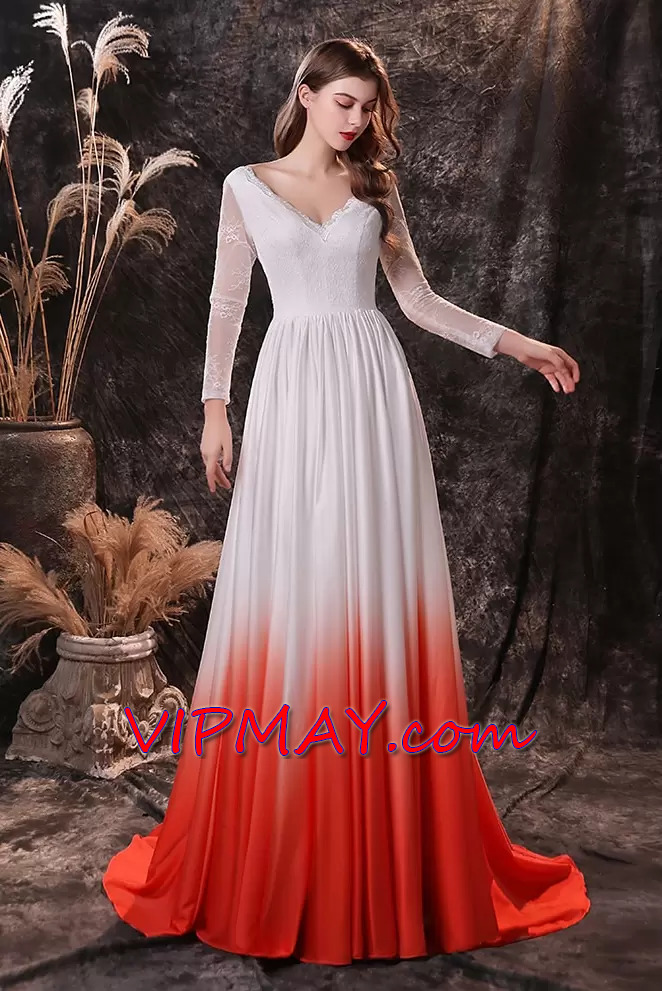 ombre prom dress plus size,white prom dress long sleeves,long flowing prom dress with sleeves,long sleeve prom dress with train,long prom dress with long sleeves,v back prom dress,prom dress with train,red and white long prom dress,red and white prom dress,custom fitted prom dress,custom made prom dress cheap,
