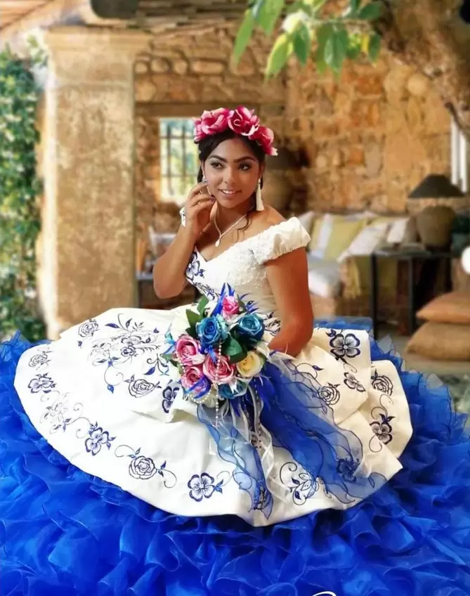ruffled charro quinceanera dress,mexican themed quinceanera dress,custom made quinceanera dress,white and royal blue quinceanera dress,mexican quinceanera dress arlington tx,quinceanera dress with long trains,