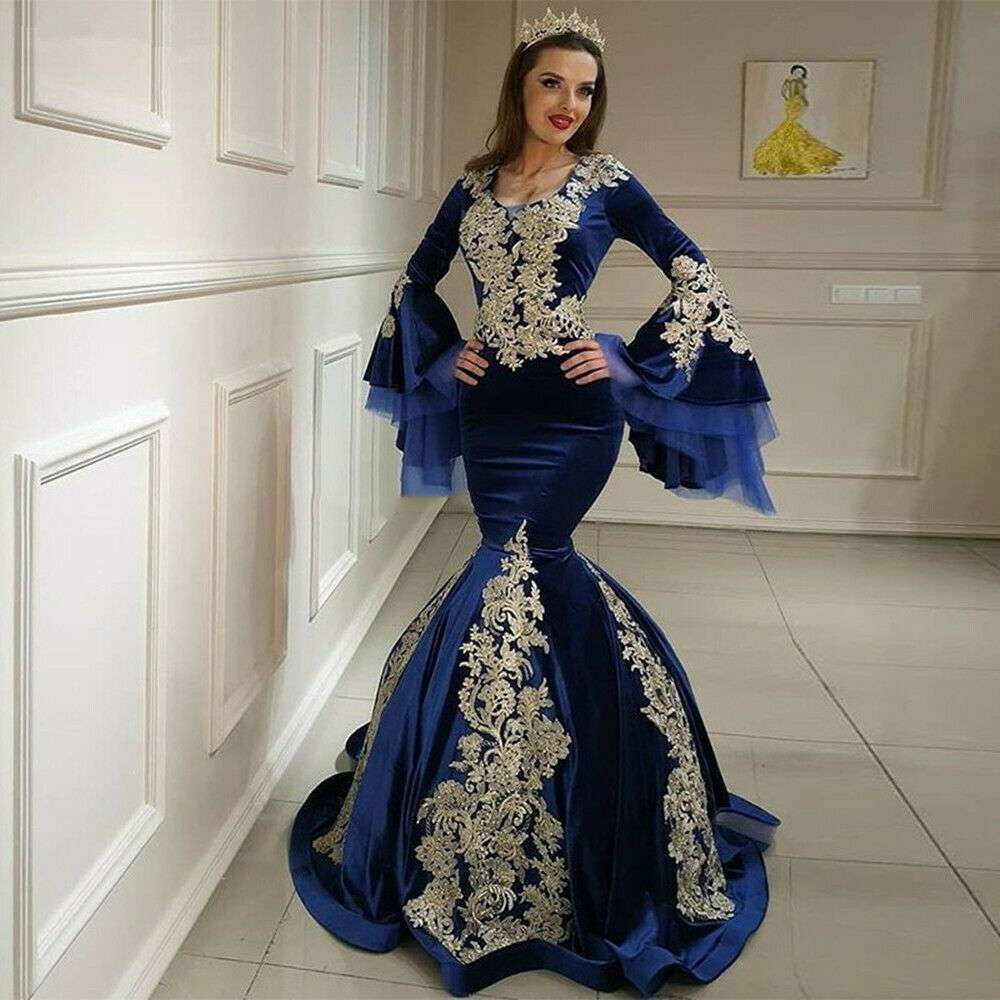 Unique Royal Blue Velvet Mermaid Prom Dress Long Balloon Sleeves Evening Gown