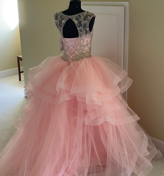beautiful quinceanera dress pinterest,most beautiful quinceanera dress,pink sweet 16 dress,illusion neckline quinceanera dress,quinceanera dress with keyhole back,beaded bodice quinceanera dress,tulle skirt quinceanera dress,