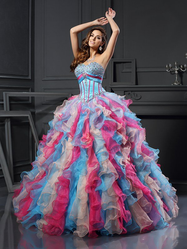 blue and pink quinceanera dress,multi colored quinceanera dress,strapless sweetheart quinceanera dress,beaded top quinceanera dress,organza quinceanera dress,pageant dresses with ruffles,ruffled quinceanera dress,rainbow quinceanera dress,