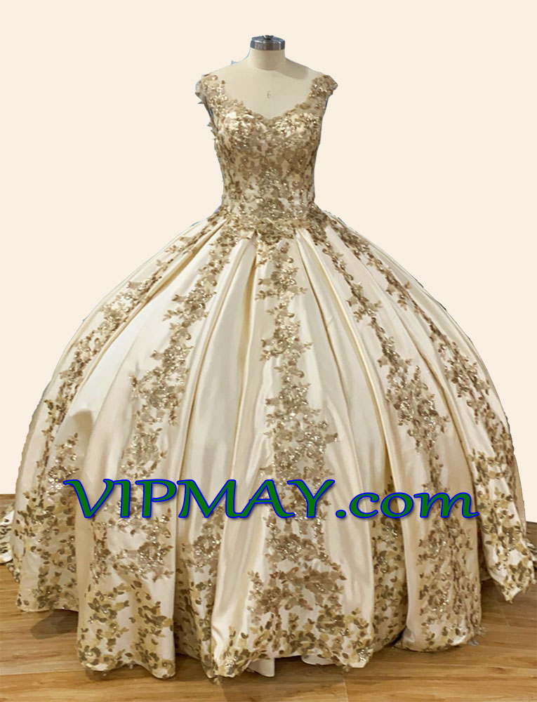 Princess Gold Sequin V Shape Neckline Quinceanera Dress with Long Train