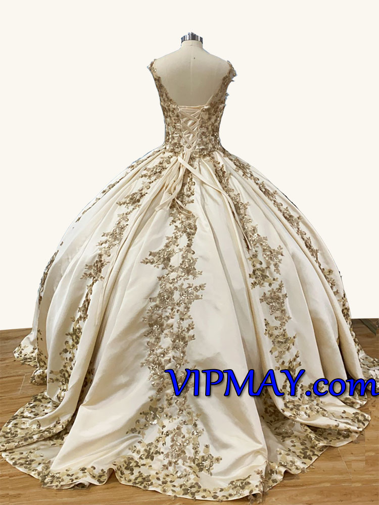 Princess Gold Sequin V Shape Neckline Quinceanera Dress with Long Train