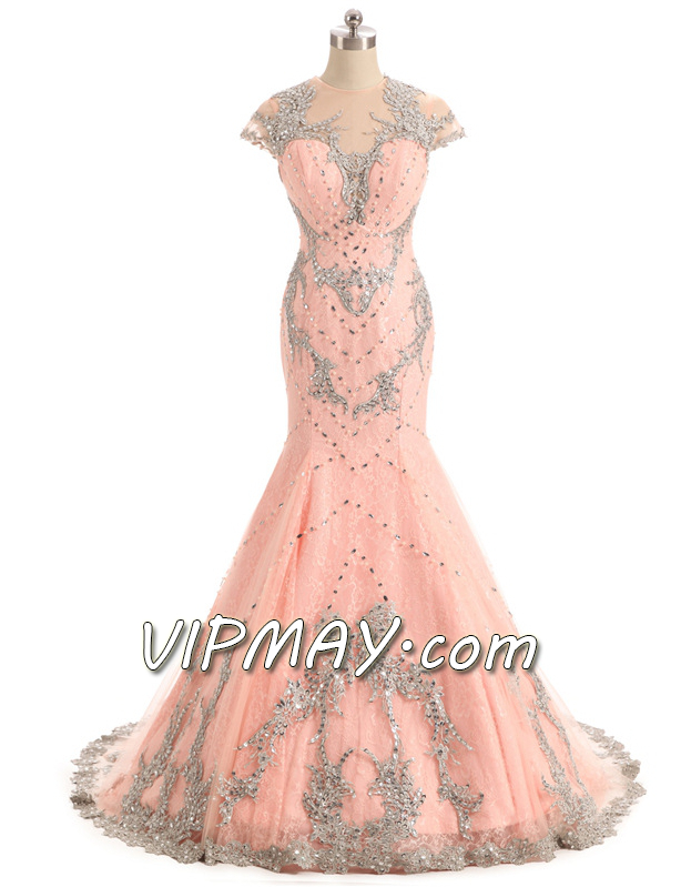 blush pink mermaid prom dress,long blush pink beaded prom dress,cheap mermaid style prom dress,long fitted mermaid prom dress,mermaid prom dress with train,sheer back prom dress,mermaid prom dress with rhinestones,deep v neckline prom dress,prom dress with deep v neck,mermaid prom dress with long train,illusion prom dress with train,