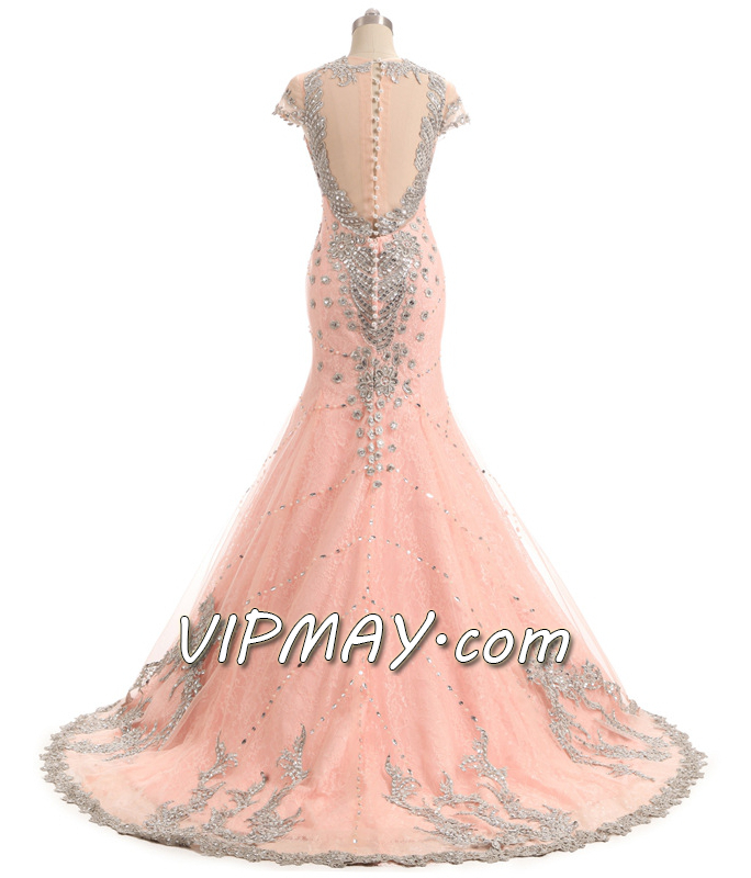 blush pink mermaid prom dress,long blush pink beaded prom dress,cheap mermaid style prom dress,long fitted mermaid prom dress,mermaid prom dress with train,sheer back prom dress,mermaid prom dress with rhinestones,deep v neckline prom dress,prom dress with deep v neck,mermaid prom dress with long train,illusion prom dress with train,