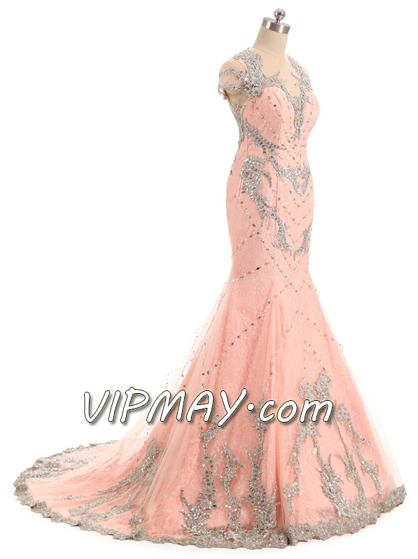 blush pink mermaid prom dress,long blush pink beaded prom dress,cheap mermaid style prom dress,long fitted mermaid prom dress,mermaid prom dress with train,sheer back prom dress,mermaid prom dress with rhinestones,deep v neckline prom dress,prom dress with deep v neck,mermaid prom dress with long train,illusion prom dress with train,