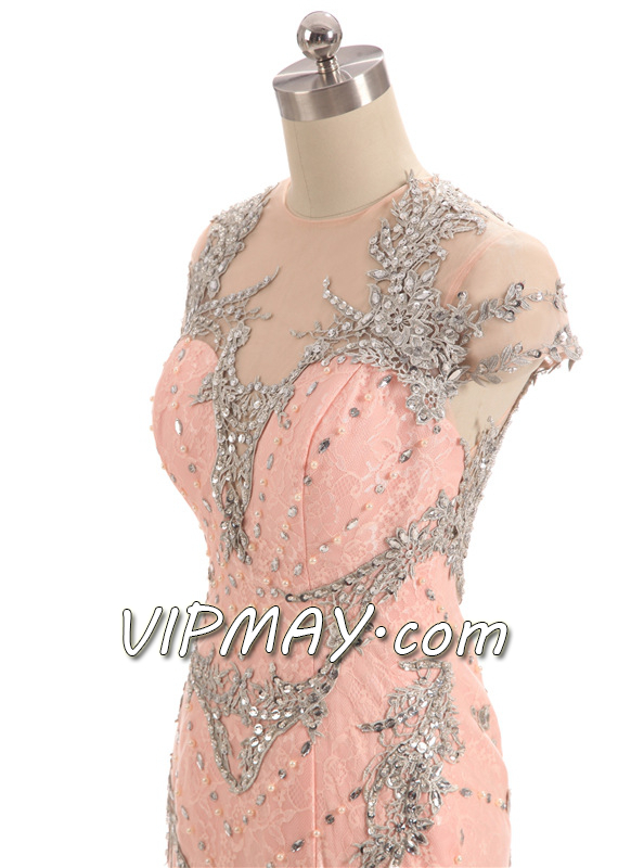 blush pink mermaid prom dress,long blush pink beaded prom dress,cheap mermaid style prom dress,long fitted mermaid prom dress,mermaid prom dress with train,sheer back prom dress,mermaid prom dress with rhinestones,deep v neckline prom dress,prom dress with deep v neck,mermaid prom dress with long train,illusion prom dress with train,