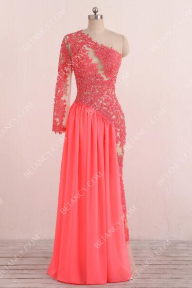 coral pink prom dress,sheer back prom dress,nude color long prom dress,long sleeve one shoulder prom dress,one shoulder long formal dress,one shoulder prom dress,one shoulder long sleeve formal dress,prom dress with long sleeves,long sleeve see through prom dress,mermaid prom dress with long sleeves,long sleeve mermaid prom dress,one sleeve mermaid prom dress,
