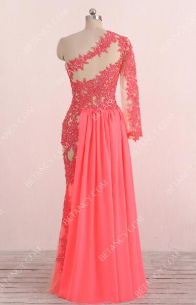 coral pink prom dress,sheer back prom dress,nude color long prom dress,long sleeve one shoulder prom dress,one shoulder long formal dress,one shoulder prom dress,one shoulder long sleeve formal dress,prom dress with long sleeves,long sleeve see through prom dress,mermaid prom dress with long sleeves,long sleeve mermaid prom dress,one sleeve mermaid prom dress,