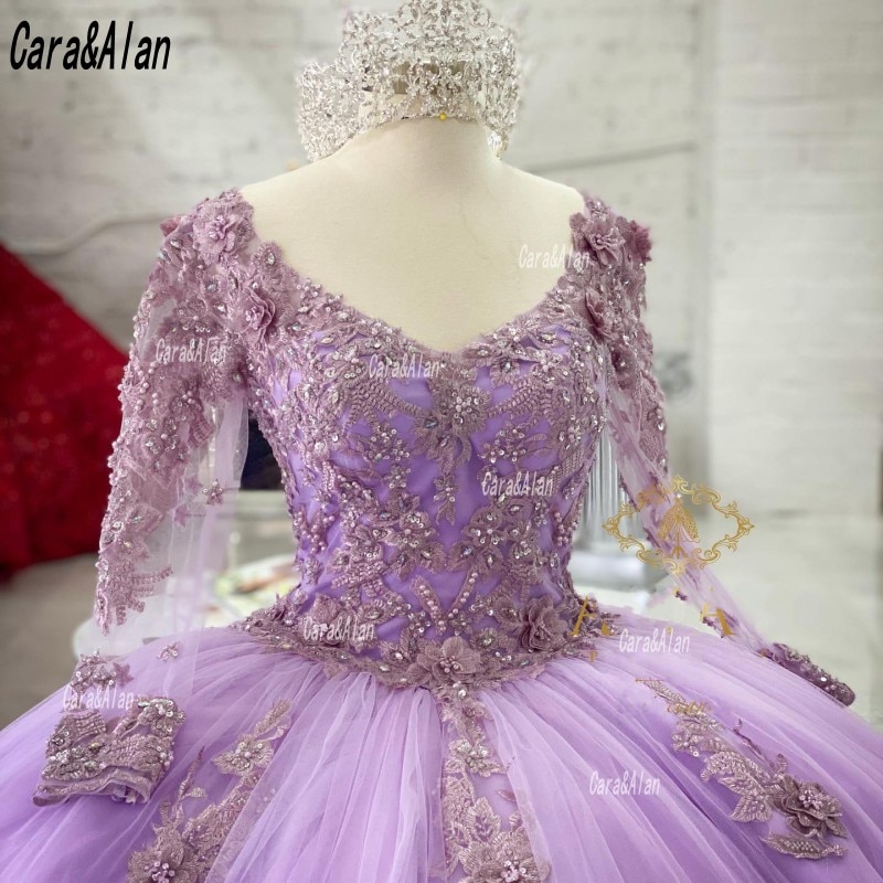 long sleeves quinceanera dress,lilac quinceanera dress,3d floral applique quinceanera dress,sweet 16 birthday party dress,illusion neckline quinceanera dress,
