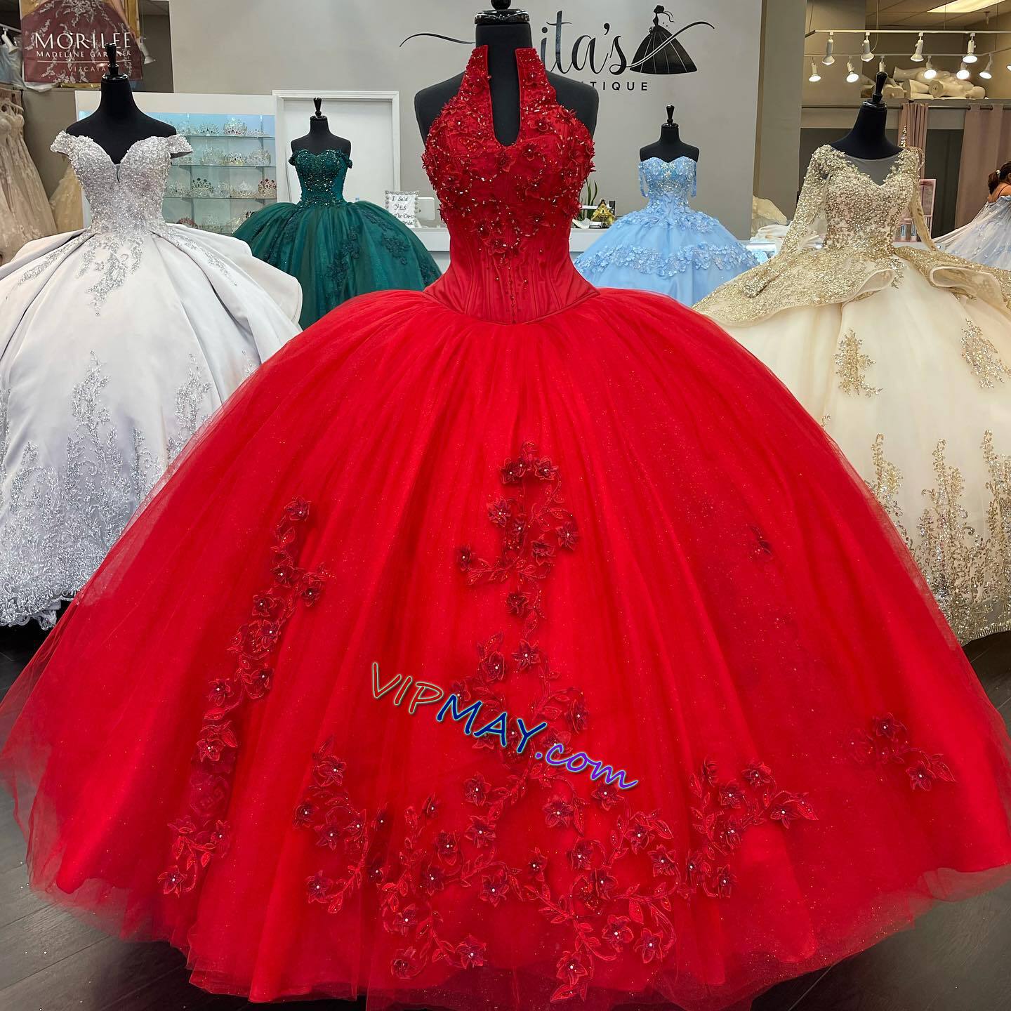 new quince dress,bright red quinceanera dress,red quinceanera dress,halter neckline quinceanera dress,halter top quinceanera dress,ball gowns with trains quinceanera dress,mermaid dress with train,elegant quinceanera dress wholesale,chinese quinceanera dress factory,